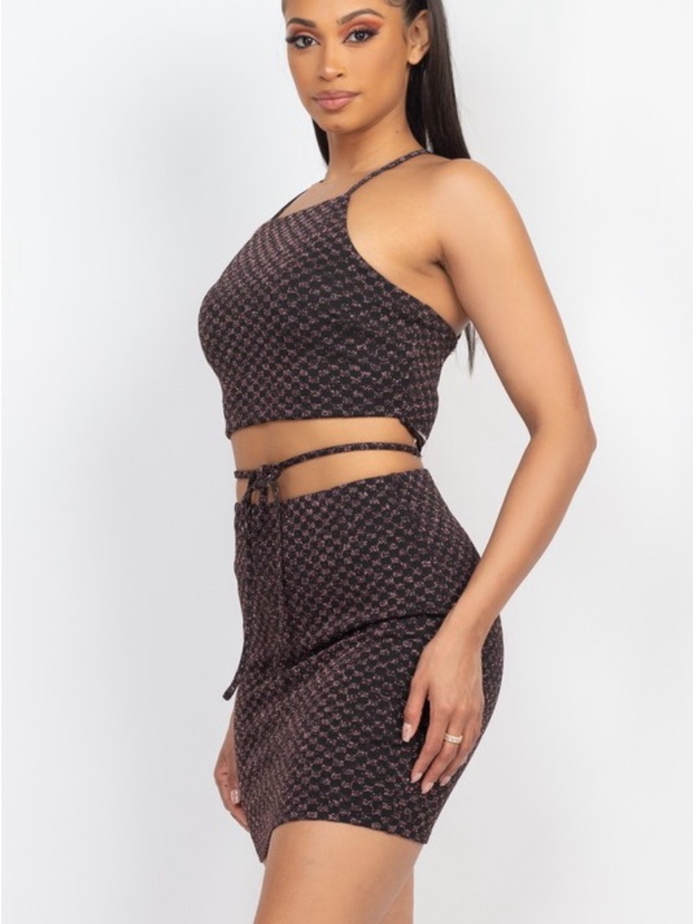 Black and Pink Patterned Mini Skirt Set - Picture 3 of 7